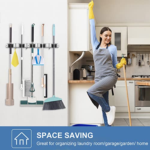 IMILLET 2 Pack Broom Holder Wall Mount Stainless Steel Mop Organizer | 5 Racks 4 Hooks Heavy Duty Garage Organization Storage,Broom and Mop Organizer Wall Hanging Self Adhesive for Laundry Room