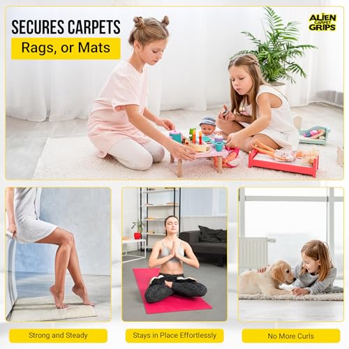 Alien Grip Rug Gripper Carpet Tape - 12pcs, 4x4 in. Anti-Slip Hardwood, Tile Floor, No Damage - Double Sided Reusable, Non Slip Corner Rug Pads - As Seen on TV