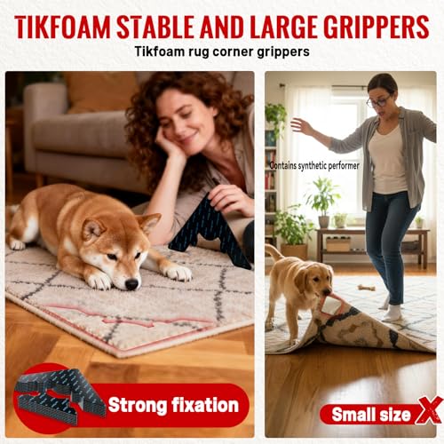 Rug Non Slip Grippers, Reusable Rug Tape, No Damaging for Floor, Carpet Corner Stickers for Hardwood Floors and Tiles, Strong Hold Carpet Gripper for Area Rugs, 8Pcs