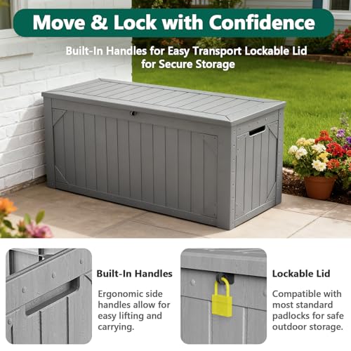 100 Gallon Outdoor Storage Box, Waterproof Resin Deck Box Organizer for Patio Cushion Storage, Lockable Outside Container for Garden Tools