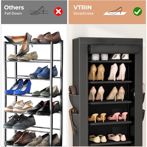 VTRIN Vertical Narrow Shoe Rack Organizer 10 Tier Tall Shoe Shelf Holds 20-22 Pairs with Non-Woven Dustproof Cover for Closet, Entryway Black