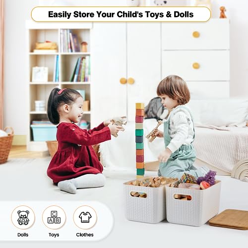 Ohmlove 4 Packs Storage Bins with Bamboo Lids - Plastic Storage Containers with Lids Stackable Storage Box:Storages Baskets for Organizing Desktop Closet Playroom Classroom Office,White
