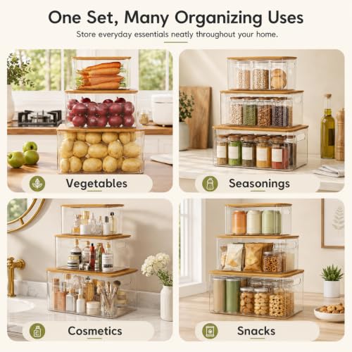 3 Pack Pantry Organizers and Storage Bins with Bamboo Lids,Trash Bag Holder | Stackable Containers for Potato,Onion,Fruit,Vegetable,Clear Dispenser for Kitchen Countertop,Cabinet and Under Sink