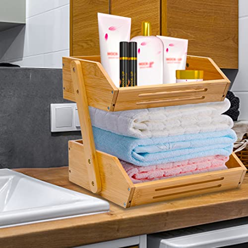 Fruit Basket, 2 Tier Bamboo Fruit Basket for Kitchen, 11" Tall Fruit Stand Storage Holder, Heavy Duty/Large Capacity for Vegetables, Fruit, and Snack, 15 mm Thickness (Self-assembly)