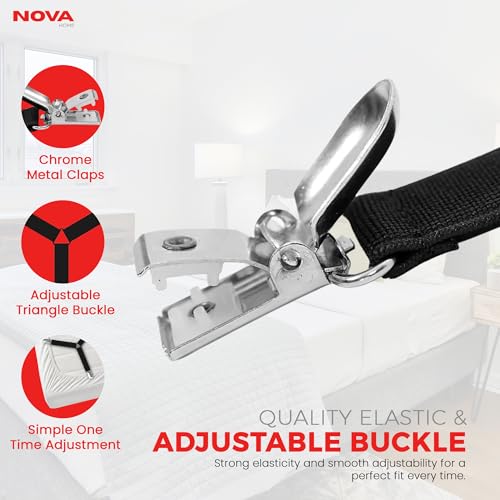 Bed Sheet Holder Straps, Adjustable Elastic, 2pcs Set, Black | Nickel Clamps, Fabric Protectors, Crisscross Design Keeps Sheets Tight, Fits All Mattress Sizes