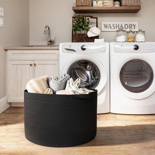 Large Black Blanket Basket, 22" X 22" X 14" Woven Rope Bin for Storage, Kids Dog Toy Storage Box Organizer Bins, Blanket Holder for Living Room, Decorative Wicker Basket for Organizing