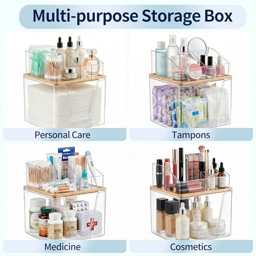 Disposable Facial Towel Holder, 2 Tier Cosmetic Storage Organizer Box | Clear box with Bamboo Lid Compatible with Clean Skin Club Towel XL, Skincare Organizer for Vanity Bathroom Countertop, 1 Pack