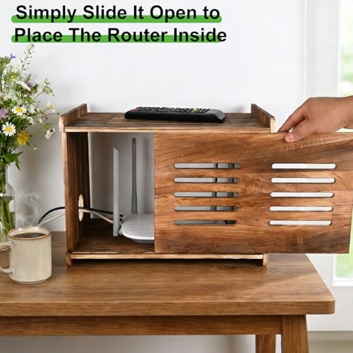Upgraded Wood Router Box Hider Shelf, Retro Vintage Wifi Router Storage Modem Power Strip, 16 Inch Fits Most Routers, Easy Install Cable Management Home Office Organizer