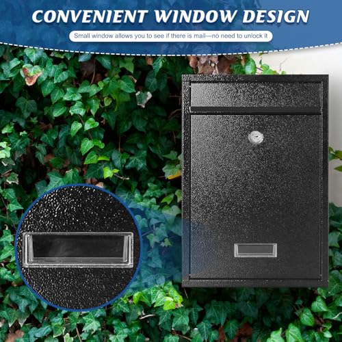 KYODOLED Mailbox for Outside, Wall Mount Locking Mailbox, Security Drop Box with Key Lock for Letters, Cash, Cards, Steel Mail Box for House Office School, 12.4H x 8.54L x 3.35W Inches, Black