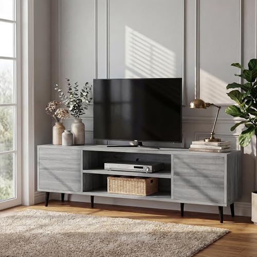 YESHOMY Mid-Century Modern TV Stand for 55-65 Inch TVs, 58 Inch Entertainment Center with Storage, Media Console with Push-to-Open Doors and Cable Management for Living Room, Bedroom(Light Gray)