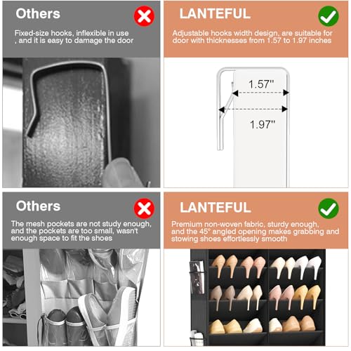 LANTEFUL Over the Door Shoe Organizer, Hanging Shoe Rack for Closet Door Shoe Storage for 30 Pairs Sneaker and Boots, Large Shoe Holder for Door with 10 Side Pockets, Space Saving, Black