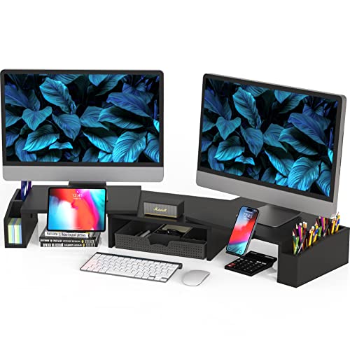 Desk Dual Monitor Stand Riser with Drawer, Black (Black | Engineered Wood)