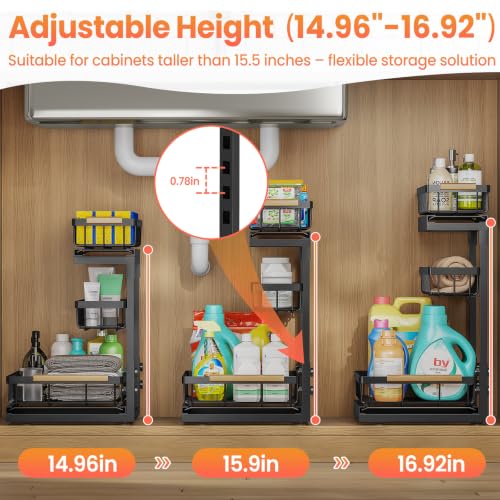 Under Sink Organizer and Storage 2 Pack 3 Tier Kitchen Bathroom Organizers | 3 Tier Black Undersink Organizers - Pull Out Cabinet Organization for Home Shelves and Drawers Cleaning Supplies Organizer