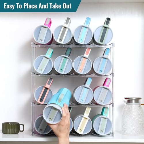 Acrylic Water Bottle Organizer, Hold Stanley 40 OZ Cup & Large Bottles & Tumblers w/Handle - Stackable Clear Bottle Holder Rack for Home Kitchen Pantry Shelf Countertop Cabinet, 4 Tier Hold 16