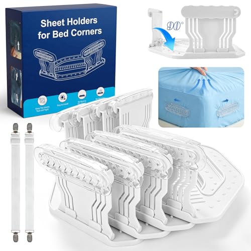 FACIACC 4Pcs Bed Sheet Holder for Corners, Upgrade Fitted Sheet Holder | with Lock Strips, 2Pcs Non-Slip Sheet Clips, Keep Sheets Firm & Tight Fitted All Mattress Sizes Easy Installation