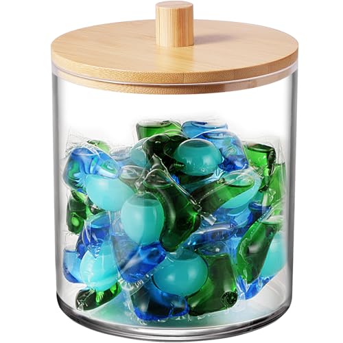 SheeChung 1 Pack 50oz Laundry Pods Container with Natural Bamboo Lid | Shatterproof Laundry jars- Clear Plastic Storage Canister for Scent Beads & Bath Salts with Labels & Spoon