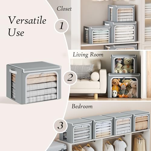 Yecaye Clothes Storage Bins with Metal Frame, Foldable Organizer Box, 40L | Stackable Zippered, With Lid, Clear Window& PU Leather Handles
