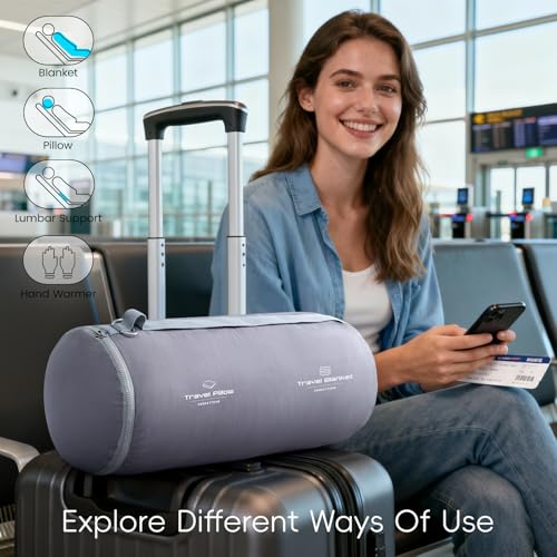 4-in-1 Travel Pillow & Blanket Set with Eye Mask, Memory Foam Neck Support, 50x65 Inch Blanket, Storage Bag for Airplane, Car, Train, Home Travel Grey