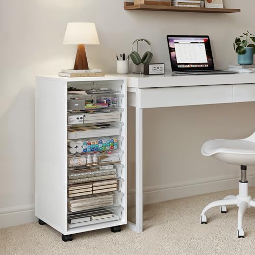 Storage Drawer Cart, Mobile Storage Cabinet, Makeup Storage with 10 Large Clear Drawers, Utility Wooden Rolling Cart on Wheels, for Cosmetic, Art Craft, Office Supplies, Toy, White