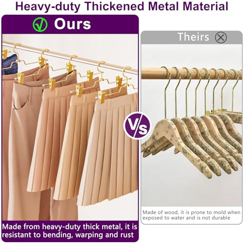 30Pack Heavy Duty Metal Pants Hangers,Pants Hangers with 2 Adjustable Clips | Gold Skirt Hangers with 360° Swivel Cost Hook, Space-Saving Shorts Hangers for Pants, Jeans, Slacks, Short Skirt