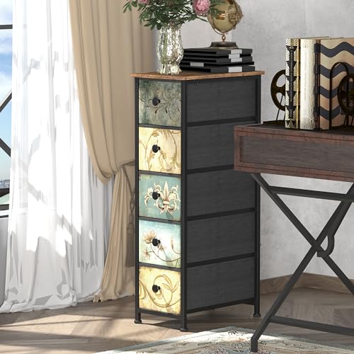 Narrow Storage Dresser Slim Dresser with Retro Flowers Fabric Drawers Vertical Skinny Cabinet for Small Spaces,Bathroom,Bedroom Closet Nightstand,Entryway Organizer (Retro Flower, 5 Drawers)