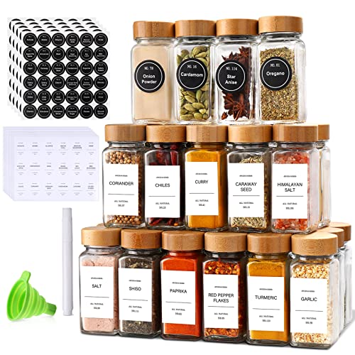 DIMBRAH Spice Jars with Label 24Pcs,Seasoning Containers,Glass Spice Jars with Bamboo Lids,Kitchen Essentials,Spices Container Set,Kitchen Set,Seasoning Organizer,A total of 96 oz