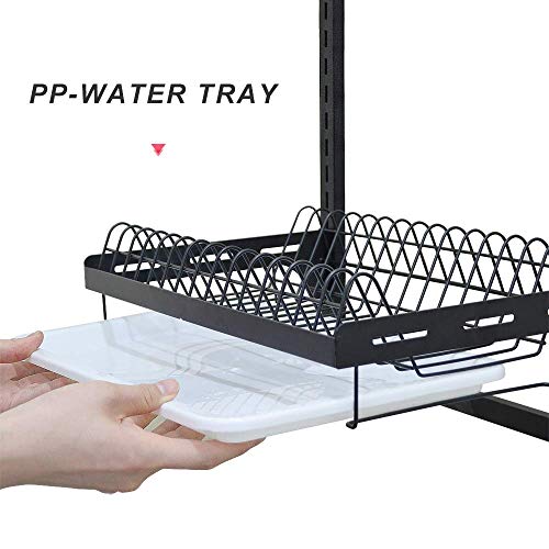 junyuan Kitchen Dish Rack,Hanging Dish Drying Rack Organizer Storage Shelf Over Sink,2 Tier Wall Mount Bowl Holder with Drain Tray and Silverware Stainless Steel Black Coating Ajustable Height