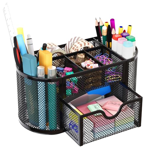 Mesh Pen Holder Desk Organizer with Drawer Station... (Black | Metal)