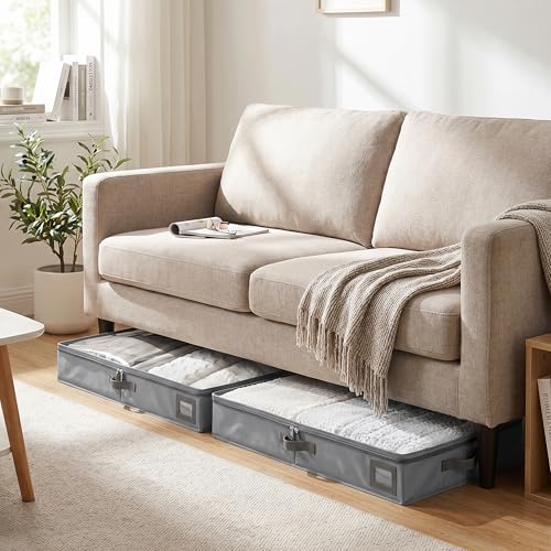 4" Low Profile Under Bed Storage Bins (2-Pack, Grey), Slim 600D Oxford Fabric Clothes Organizer Box with Reinforced Leather Handles, Sturdy Clear Lid