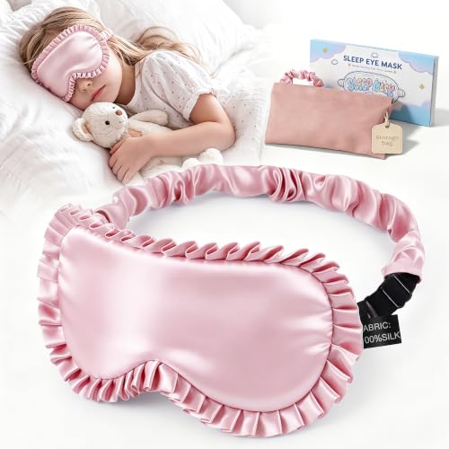 Kids Silk Sleep Mask, 22 Momme 100% Mulberry Silk Eye Mask for Sleeping with Storage Bag, Adjustable Strap Blackout Eye Cover, Cute Ruffle Soft No Pressure Eye Shade for Boys Girls Ages 5+ (Pink)