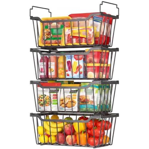 Freezer Organizer Bins for 3.5-7 Cu.FT Chest Freezer, 4 Pack Black | Foldable Handle Stackable Freezer Baskets, Coated Metal Freezer Storage Bins with Better Space Utilization, Deep Organization
