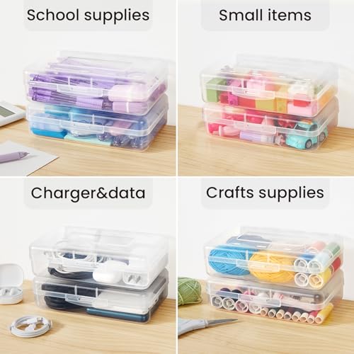 Sooez Plastic Pencil Case Box 6 Pack, Large Crayon Maker Pen Organizer | Plastic Containers with Snap Lids, Stackable Craft Storage Boxes Bulk, School Supplies Art Box for Bead, Clear