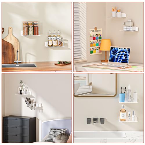 Adhesive Small Wall Shelf 2 Pack, Metal Floating Shelves, 9x4.9 | Rust-proof Aluminum, Piano White Finish, Cable Hole, No Drill,Display Ledges for Living Room Gaming Room Bedroom Bathroom