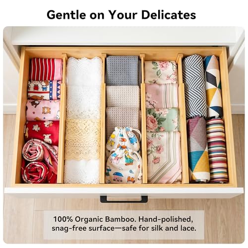 4 Pack Deep Drawer Dividers, 6" High Bamboo Expandable Drawer Organizers, 17-22" Adjustable Tension Separators, Large Drawer Dividers for Kitchen, Bedroom Dresser, Baby Nursery & Bathroom