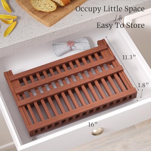 VERTORGAN Teak Dish Drying Rack,Folding Collapsible Drainer Plate Organizer Holder for Kitchen,Foldable Spice Rack for Countertop and Cabinet,Pantry Organization and Storage