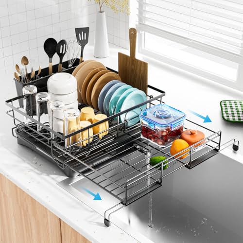 Dish Drying Rack - Expandable Rack, Large Capacity... (Black | Carbon Steel)