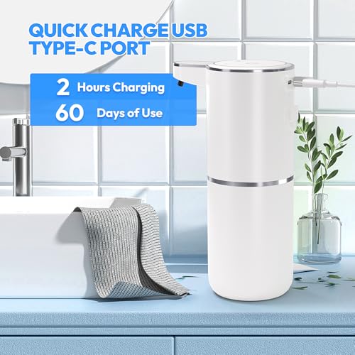 2 Pack Automatic Foaming Soap Dispenser,Touchless Foam Soap Dispenser,12.8oz Rechargeable Wall Mounted Smart for Bathroom and Kitchen Dish Soap,Easy for Toddlers(White)