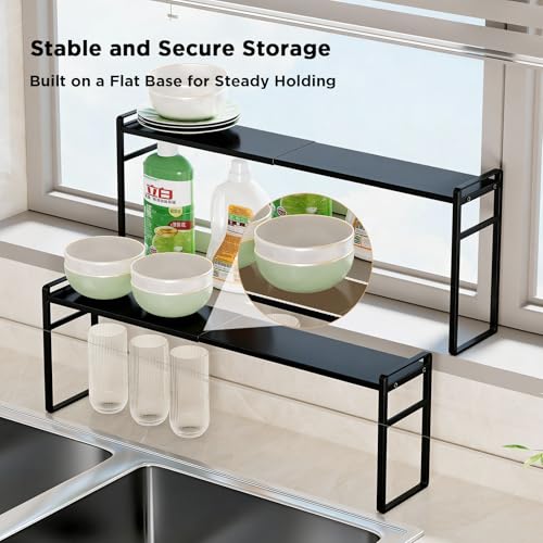 Expandable Narrow Shelf Organizer with 2-Level Adjustable Height | Black, Tall Countertop Organizer for Tight Spaces, Windowsill Plant Stand, Over-Sink/Faucet Shelf, Kitchen Counter Storage