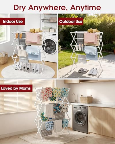 Sakugi Foldable 3-Tier Clothes Drying Rack 37.4" H with Non-Slip Feet | Indoor & Outdoor Use, Space Saving, Metal Frame, 11.4" D x 29.1" W, White