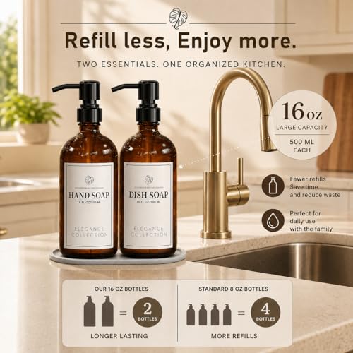 Fachixy Amber Glass Soap Dispenser 2 Pack, 16 Fl Oz, 14 Waterproof Labels | Leak-Resistant Stainless Steel Pump, Non-Slip Pad, Hand & Dish Soap Dispenser Bottles Set for Kitchen and Bathroom