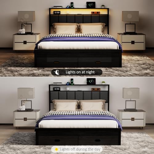 Full Bed Frames with Storage Drawer, Platform Bed with Charging Station and LED Lights, Upholstered Headboard with 2-Tier Storage Shelves, No Box Spring Needed