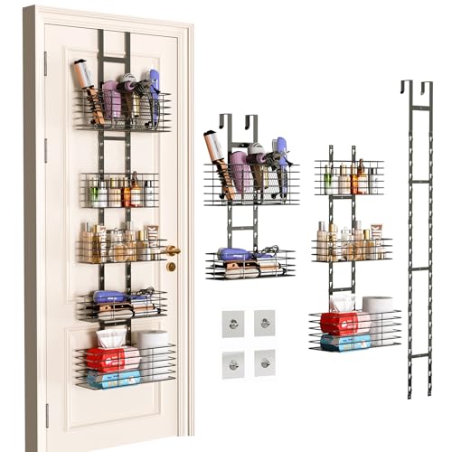 Yuyetuyo 5-Tier Over The Door Organizer Bathroom - Hair Dryer Holder - Hair Tool Organizer Adjustable Height, DIY Bathroom Storage Shelf Wall Mounted for Flat/Curling Irons, Straighteners, Skincare