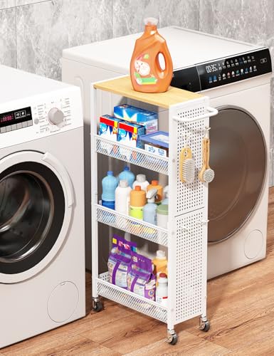 Utility Slim Storage Cart 4 Tier Rolling Laundry R... (White | Metal)