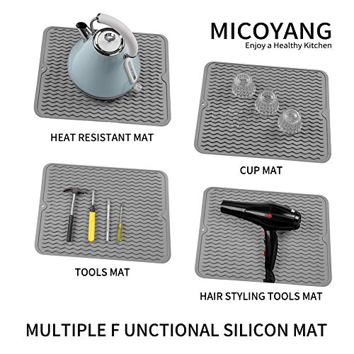 MicoYang Silicone Dish Drying Mat, Grey, 16"×12" | Quick-Dry Ridges, Heat-Resistant Trivet to 450°F, Non-Slip & Dishwasher Safe, Roll-Up Storage, 18 Colors & 9 Sizes Available