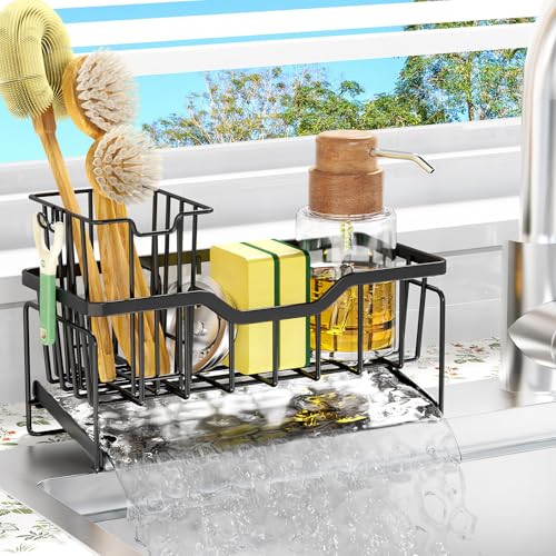 StorageRight Sponge Holder for Kitchen Sink, Stainless Sink Caddy Organizer | Rustproof Kitchen Sink Organizers with High Brush Holder & Self Drain Tray, Anti-Slip Kitchen Countertop Storage Essentials