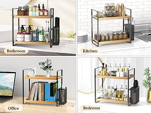 2-Tier Wood Bathroom Counter Organizer with Basket,Waterproof Vanity Perfume Skincare Storage for Bathroom, Kitchen, Dresser