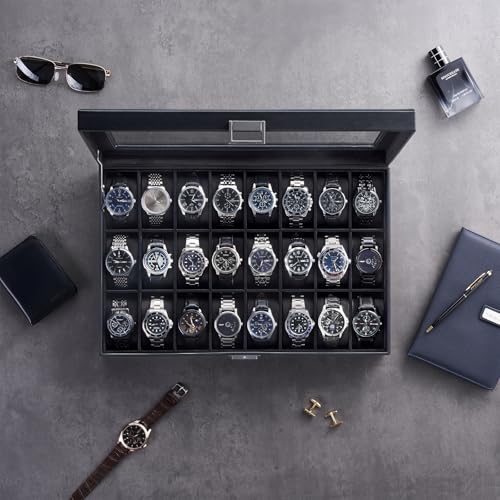 ProCase Watch Box for Men, 24 Slot Display Case with Real Glass Lid | Premium Storage Holder Organizer with Removable Pillows, Gift for Dad & Father's Day & Watch Collectors