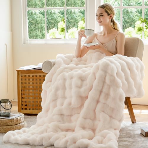 Faux Fur Throw Blanket for Couch - Cozy Plush Fluffy Soft Thick Bubble Blanket for Living Room Home Decor - Mothers Day Birthday Gifts for Women, Cream White, 51" x 63"