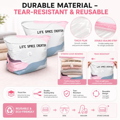 4Pcs No Pump Vacuum Storage Bags, Large Better Life Space Bags Cube Capacity Vacuum Bags for Clothes Bedding Comforters Off‑Season Gear (Pink white)