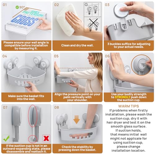 Corner Shower Caddy Suction Cup, Shower Basket Suction Bathroom | Grey Shower Caddies, Waterproof & Rustproof Bathroom Organizer, No-Drilling Shower Rack, Removable